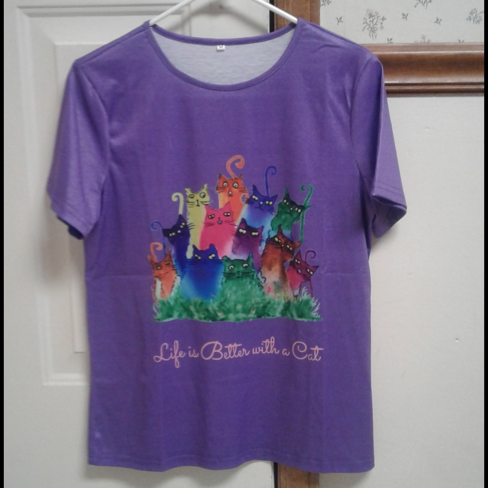 Purple Knit Ladies Cat Tee Shirt
